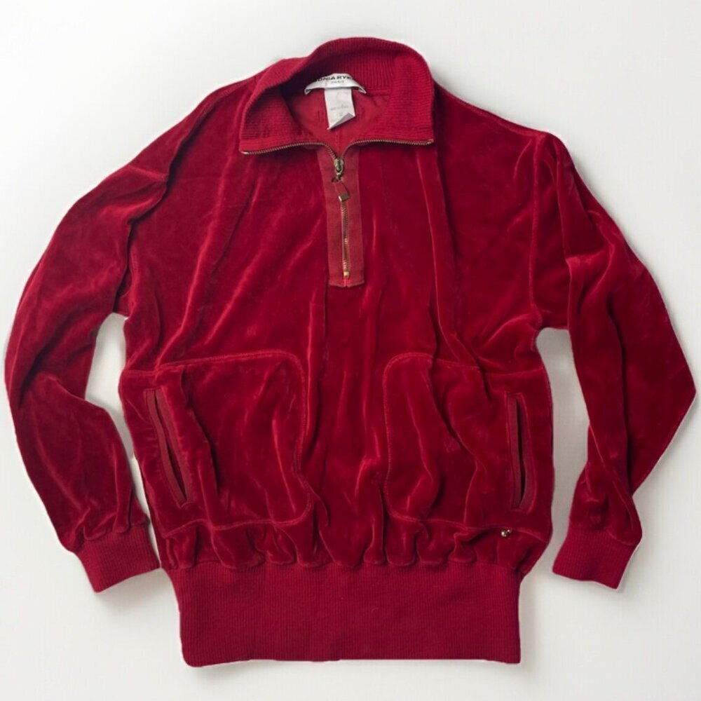 vintage sonia rykiel paris velour  red  3/4 zip pullover pockets retro cozy
